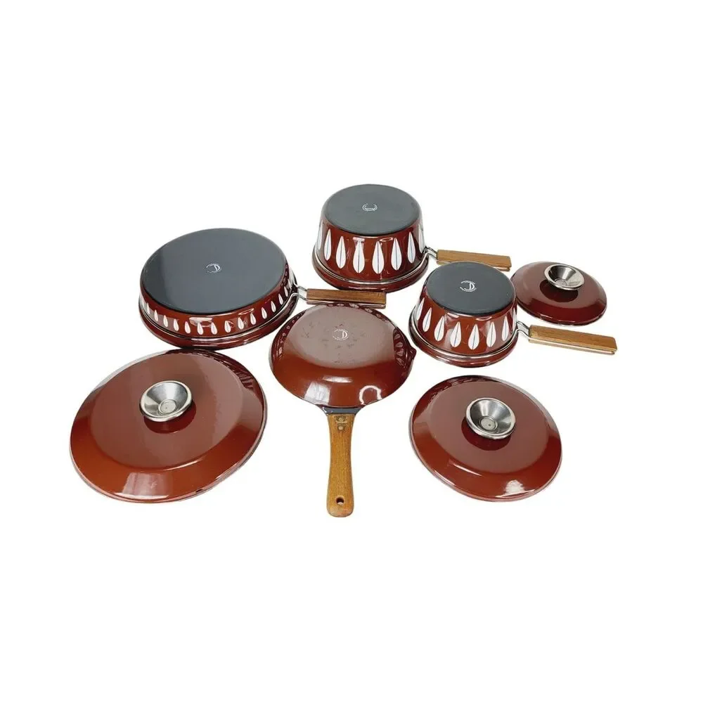 Vintage MCM Catherine Holm of Norway Brown Lotus Enamelware Pot & Pan 7 Pc Set